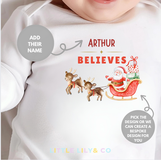 Personalised Baby's Christmas I Believe White Sleepsuit