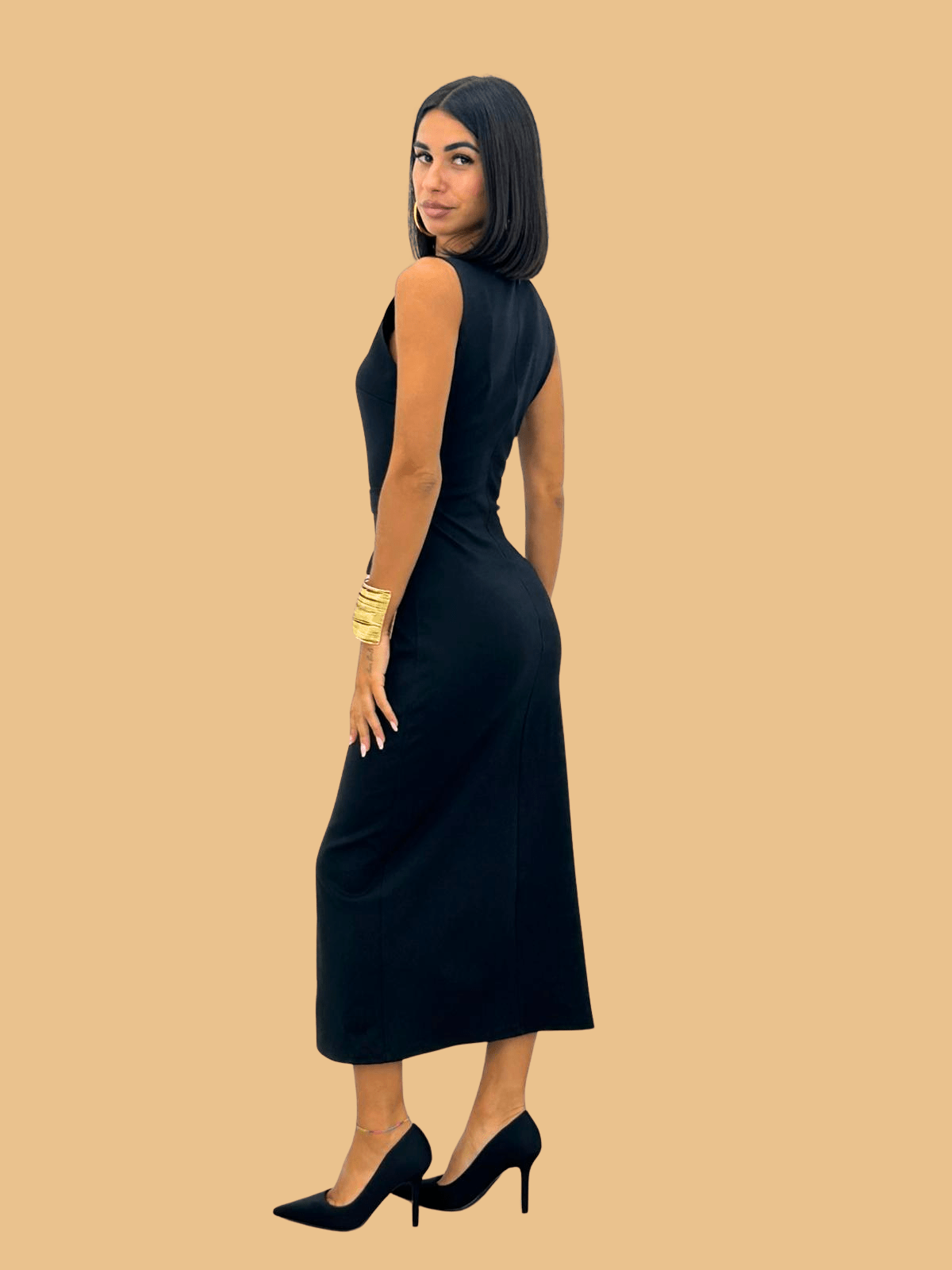 Black Bodycon Belted Midi Pencil Dress With Gold Buttons - Popular trends empire