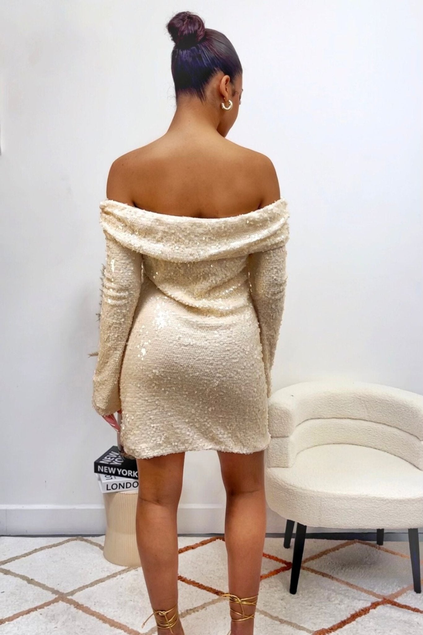 Cream Off - Shoulder Sequin Long Sleeve Midi Dress - Popular trends empire