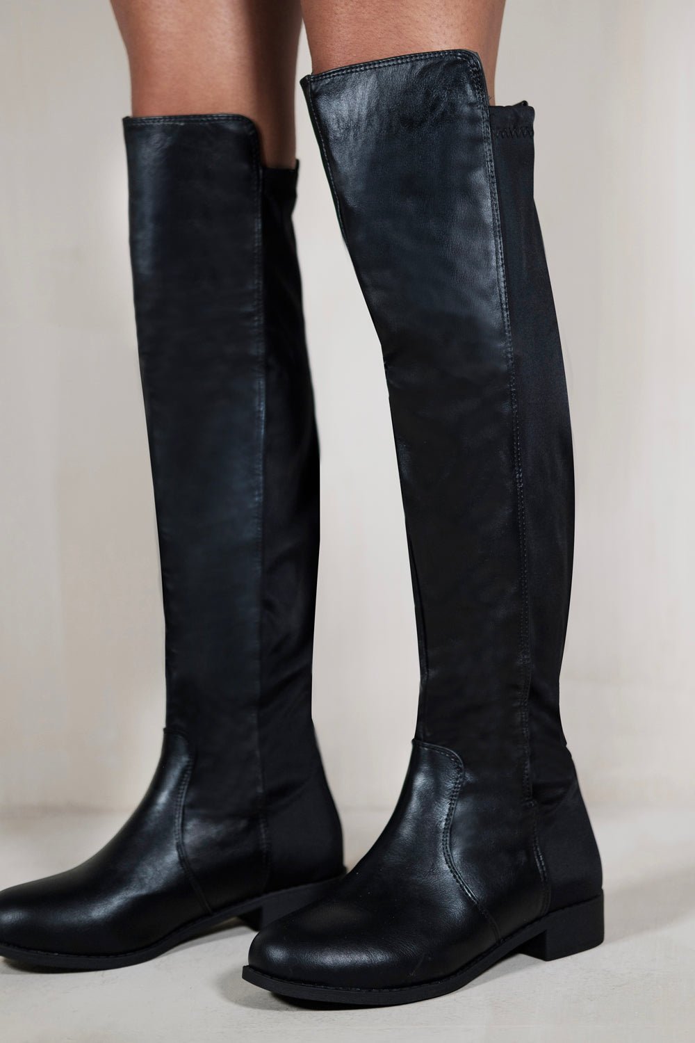 DIEM OVER THE KNEE PULL ON BOOTS WITH LOW HEEL IN BLACK FAUX LEATHER - Popular trends empire