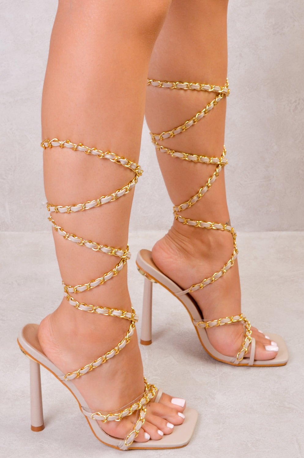ELLIE MULTI CHAIN STRAP TOE POST LACE UP HEELS IN NUDE FAUX LEATHER - Popular trends empire