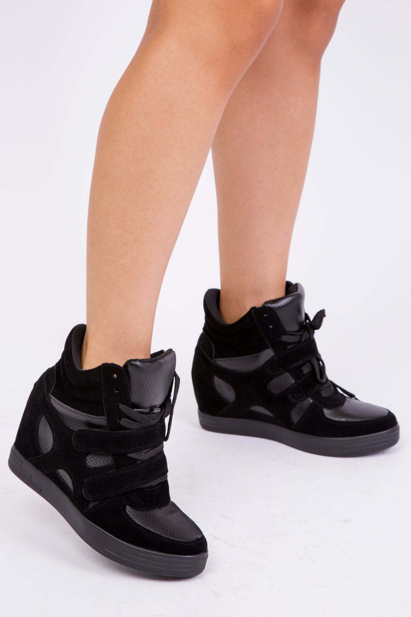 HITOP WEDGE TRAINERS WITH A FRONT LACE UP IN BLACK SUEDE - Popular trends empire