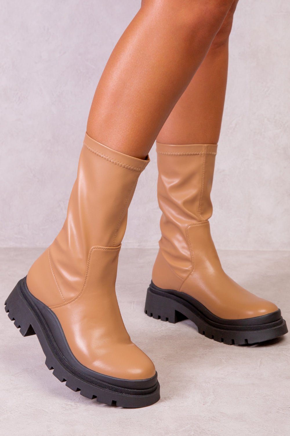HOLLIE PU ANKLE BOOT WITH CHUNKY HEEL IN CARAMEL MOCHA FAUX LEATHER - Popular trends empire