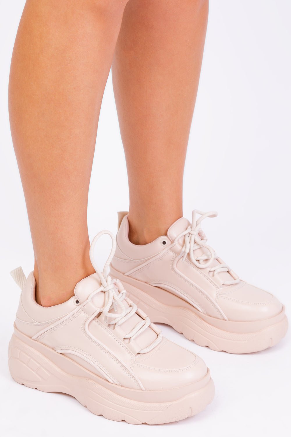 KAYLA CHUNKY TRAINERS IN BEIGE FAUX LEATHER - Popular trends empire