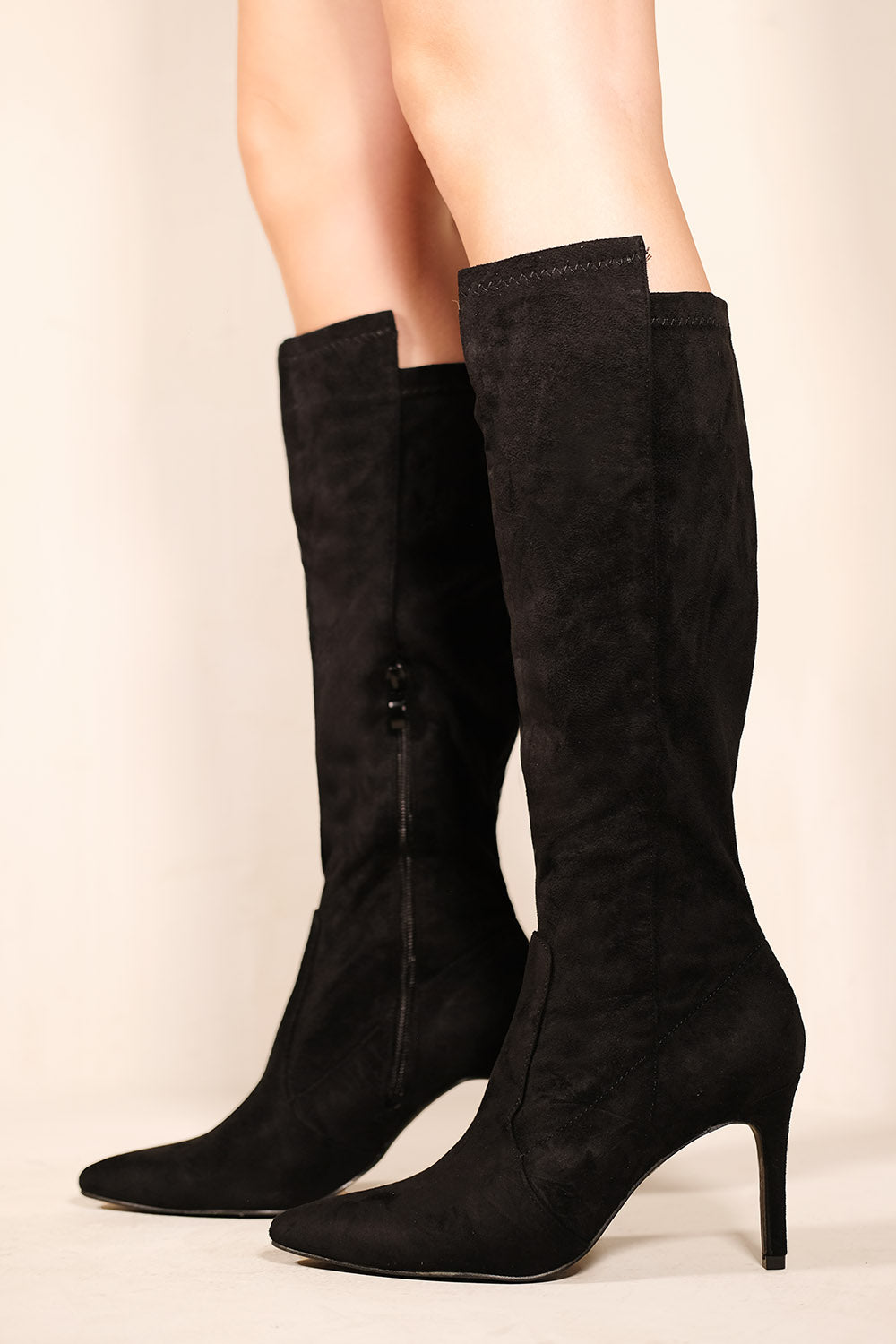 MARTA POINTED TOE CALF HIGH BOOTS WITH SIDE ZIP IN BLACK FAUX SUEDE - Popular trends empire