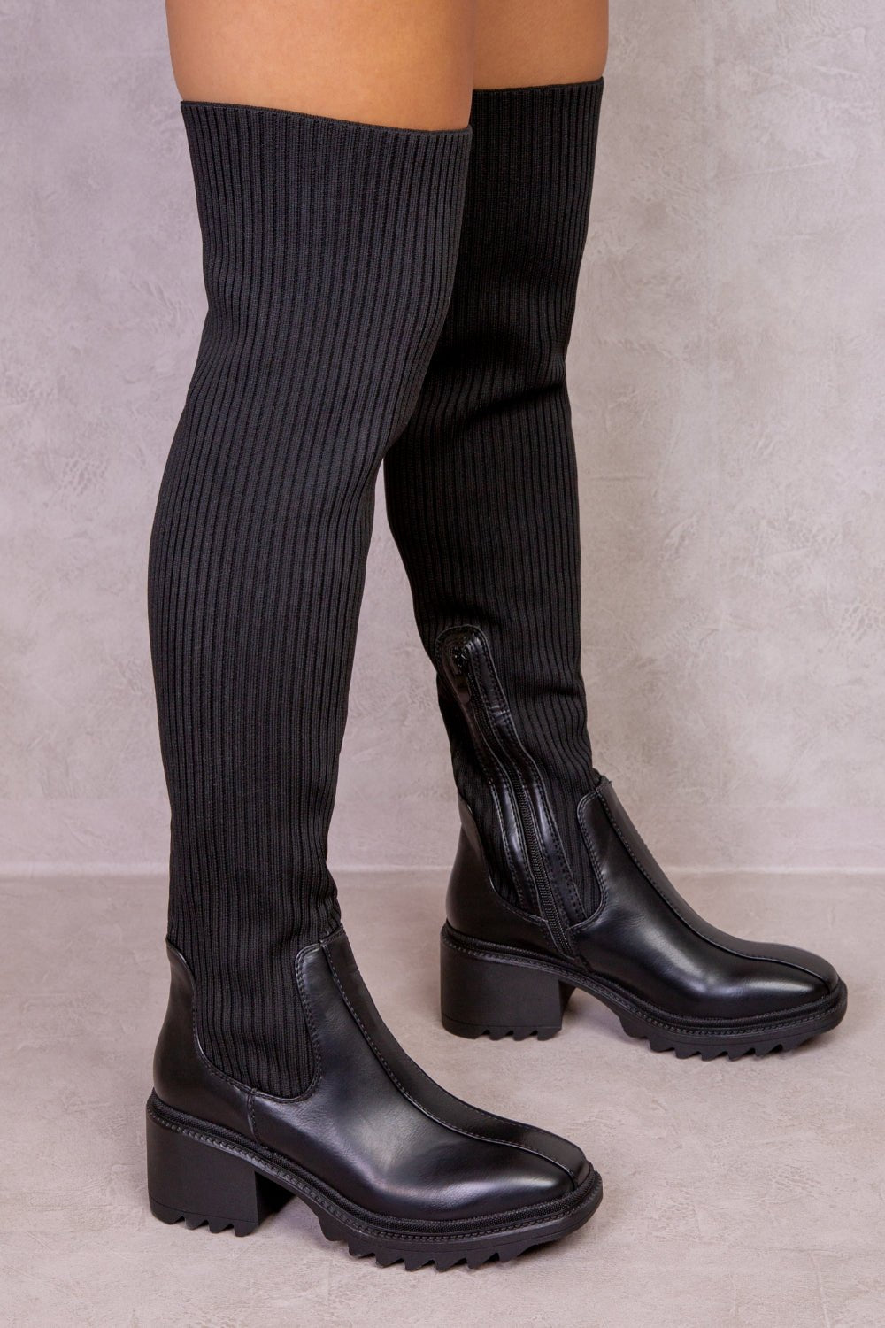 MOLLY CHUNKY OVER THE KNEE BOOT WITH KNITTED LEG FIT IN BLACK - Popular trends empire