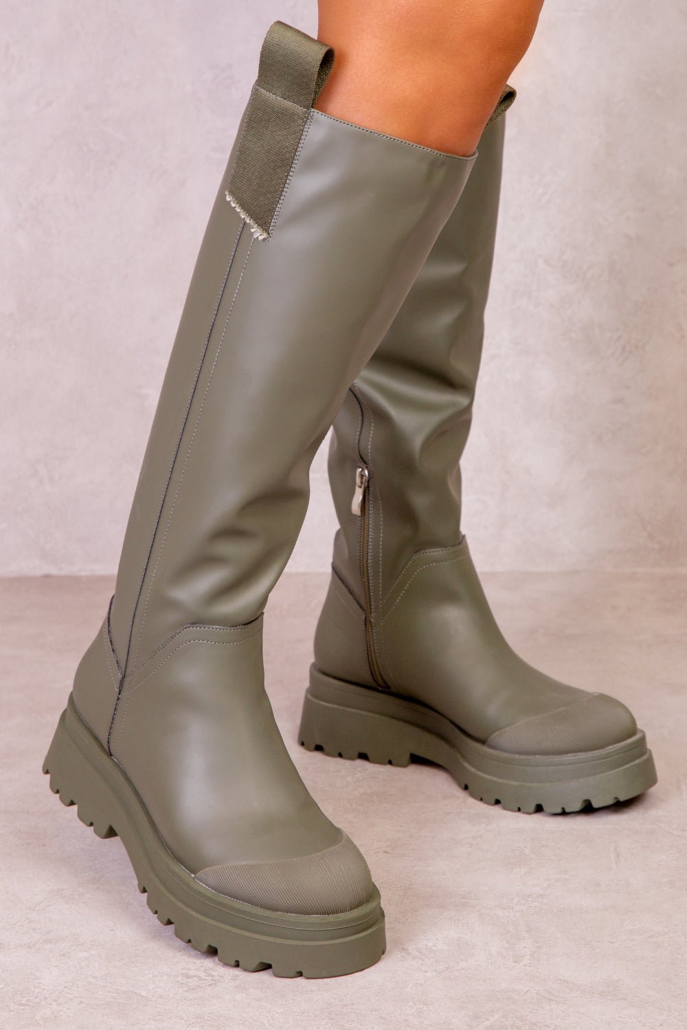 RACHEL CHUNKY PLATFORM CALF BOOTS IN KHAKI FAUX LEATHER - Popular trends empire
