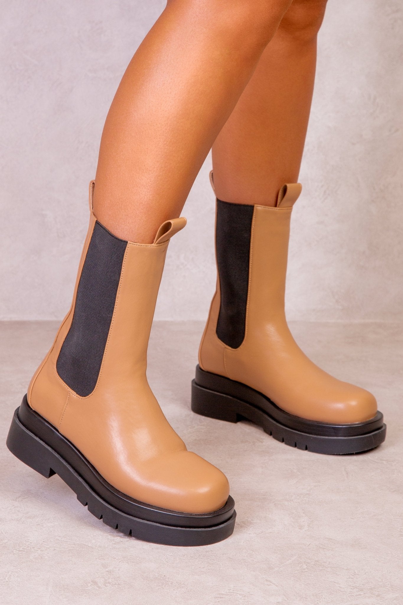 STACEY STACKED BOOTS IN TAN FAUX LEATHER - Popular trends empire