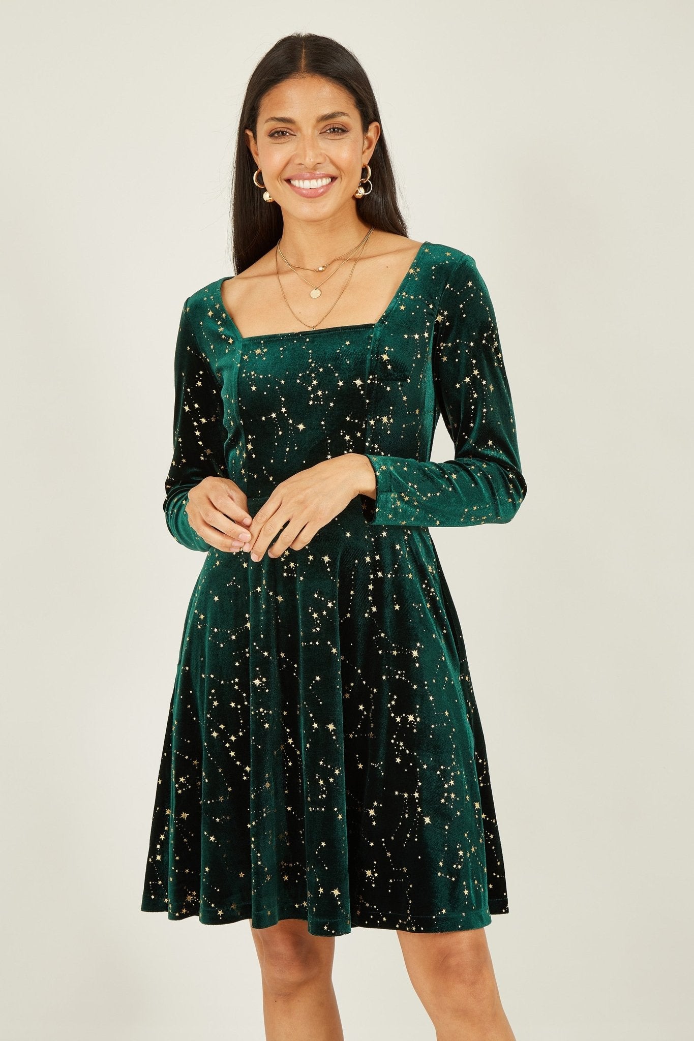 Yumi Green Star Foil Print Long Sleeve Skater Dress - Popular trends empire
