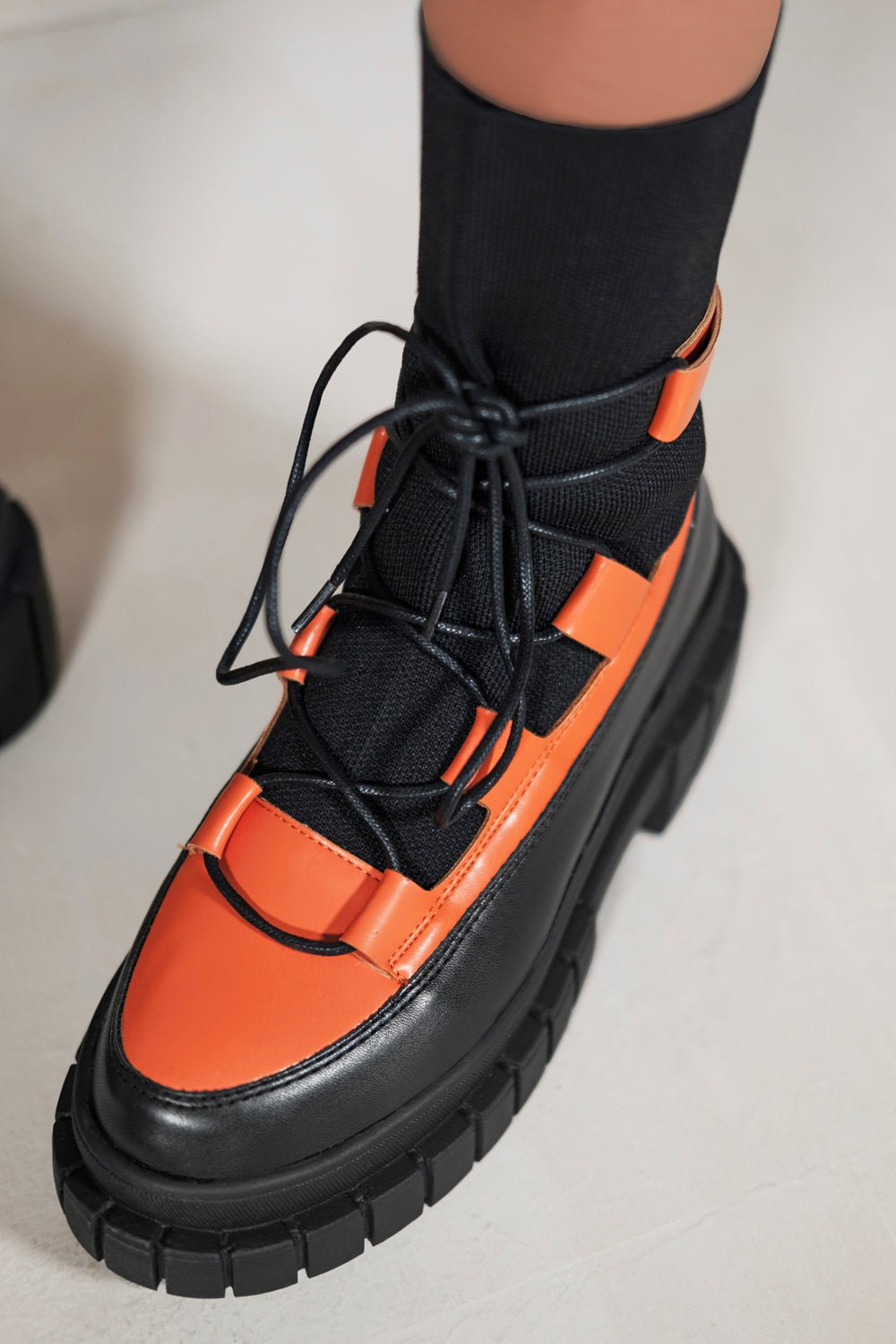 ZURI LACE UP KNITTED CHUNKY SOLE ANKLE BOOTS IN ORANGE - Popular trends empire