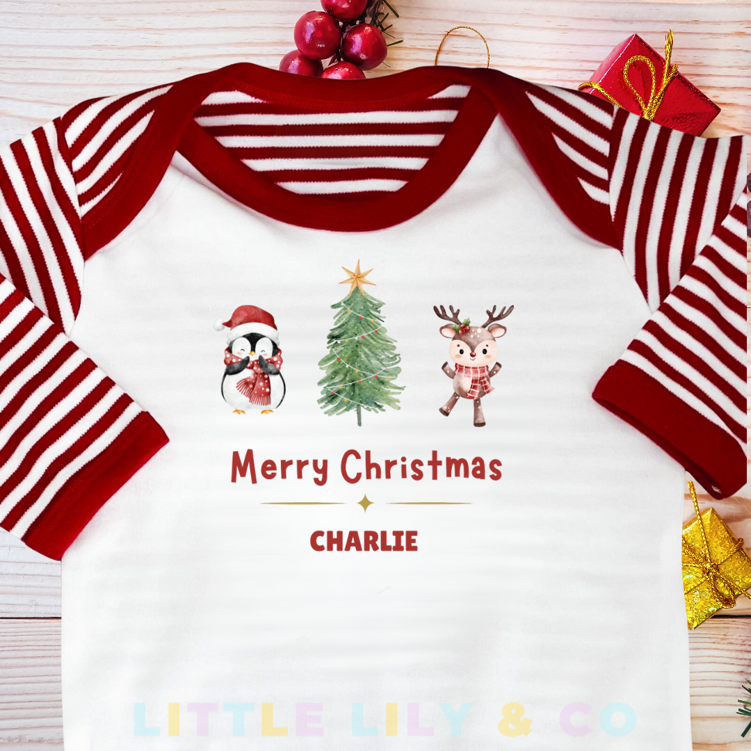 Personalised Baby's Merry Christmas Sleepsuit Red Striped