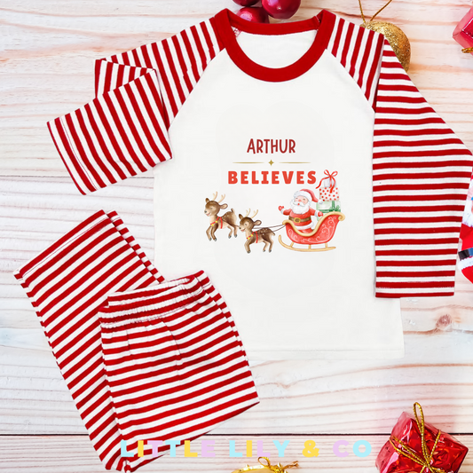 Personalised I believe Christmas Children's Pyjamas Red Striped Pyjamas - MATCHING FAMILY PYJAMAS