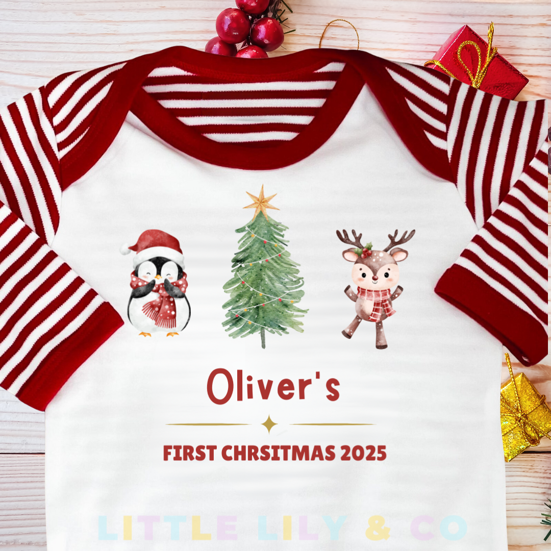 Personalised Baby's First Christmas Sleepsuit Red Striped