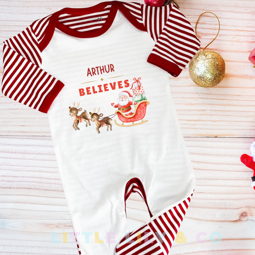 Personalised Christmas Baby's I Believe Sleepsuit Red Striped