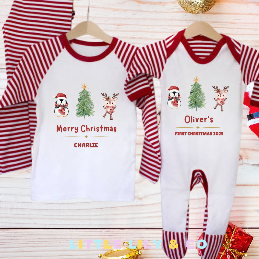 Personalised I believe Christmas Children's Pyjamas Red Striped Pyjamas - MATCHING FAMILY PYJAMAS