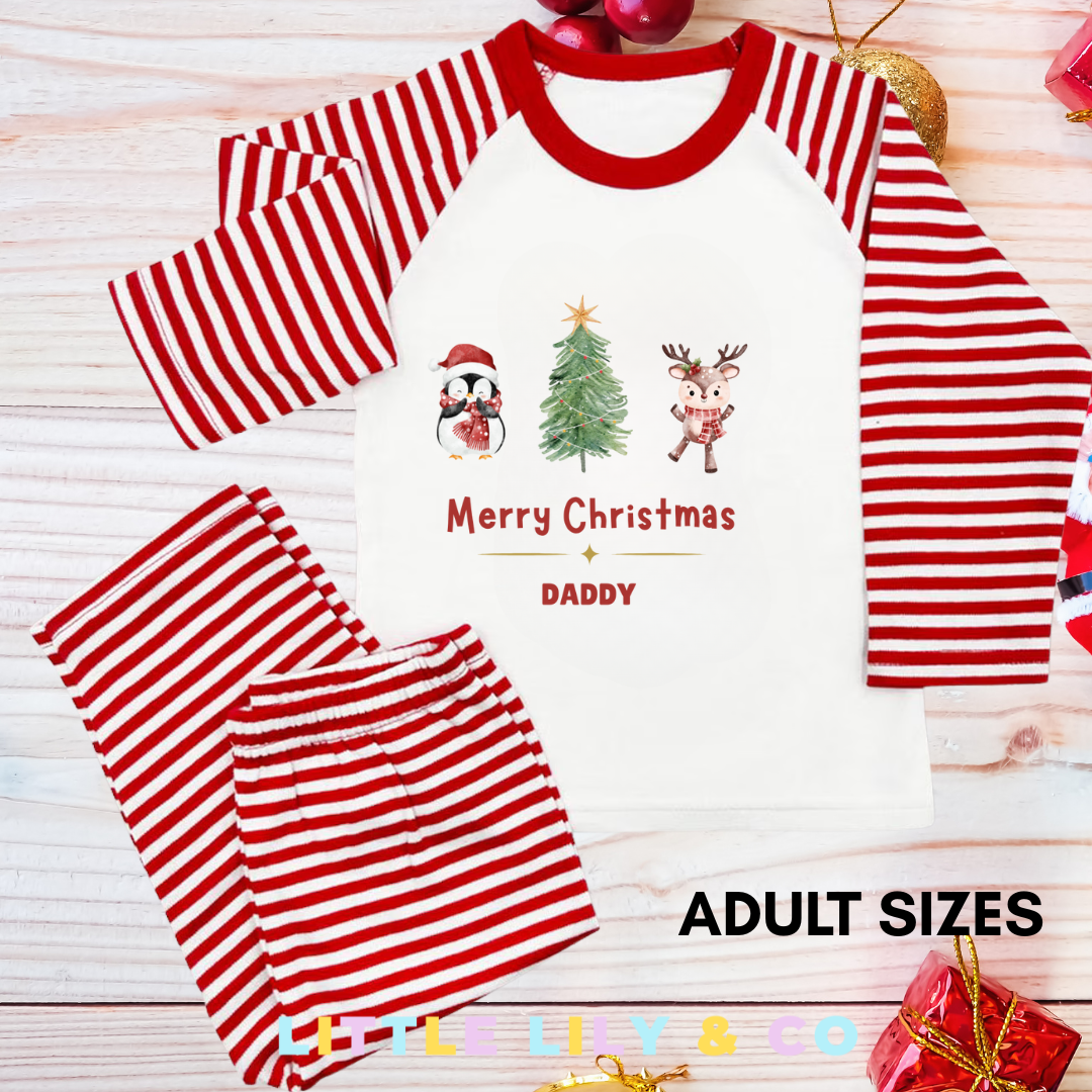 Personalised ADULT Christmas Pyjamas Red Striped Pyjamas - MATCHING FAMILY PYJAMAS
