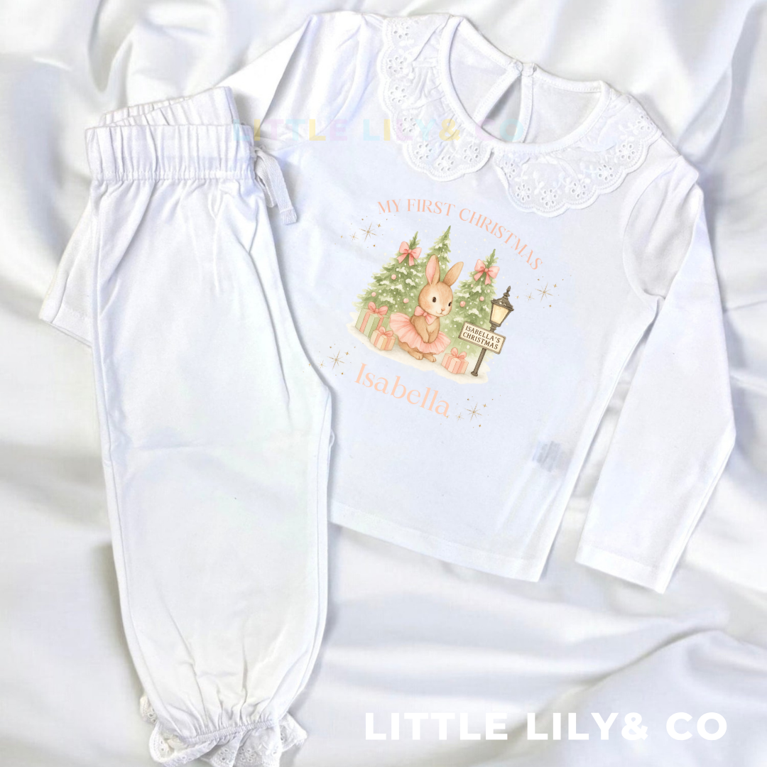 Personalised FIRST CHRISTMAS Children's Girls Pyjamas White Frilly - Bespoke Create Your Own Designs