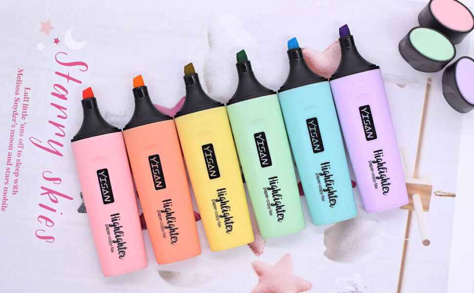 Pastel Highlighters Chisel Tip Markers Quick Drying 6 Colour Set for Creativity