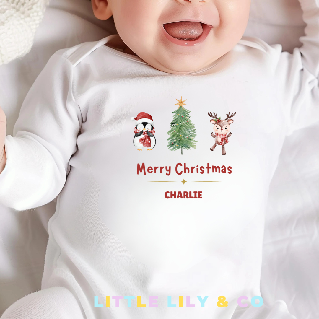 Personalised Baby's Merry Christmas White Sleepsuit