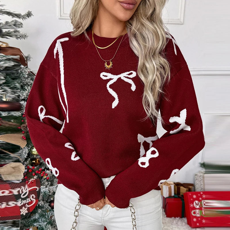 Christmas Sweaters For Women Casual O Neck Long Sleeve Know Printed Jumper Women Autumn Winter Know Pullover White Red
