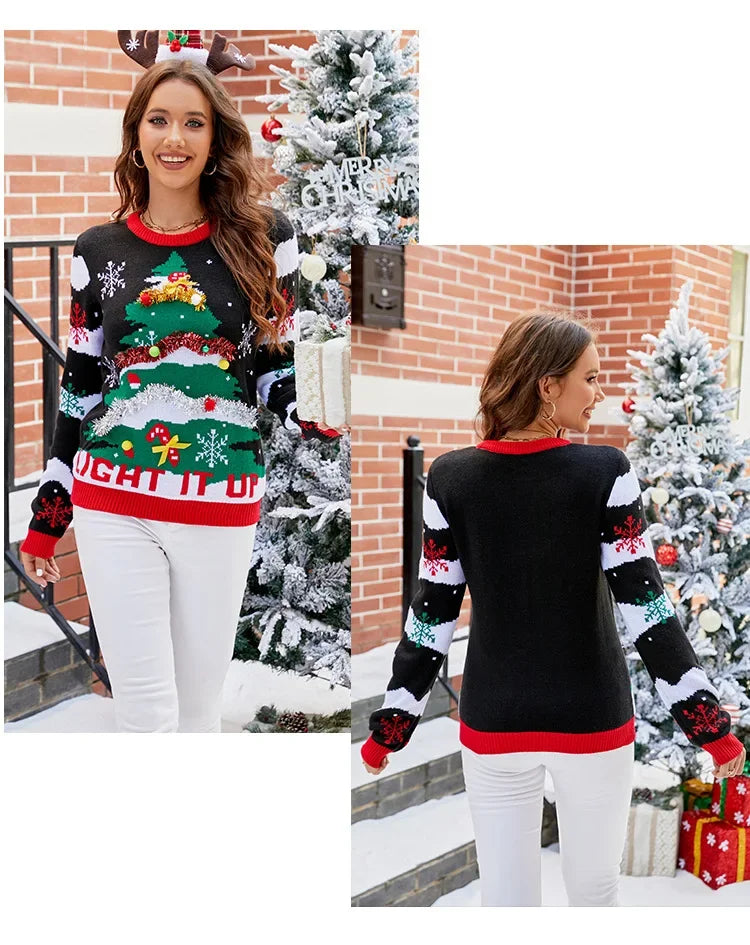 Christmas Sweater Women Men, Xmas Tree Embroidery Knit Sweater, Casual Holiday Party Pullover, Funny Xmas Gift