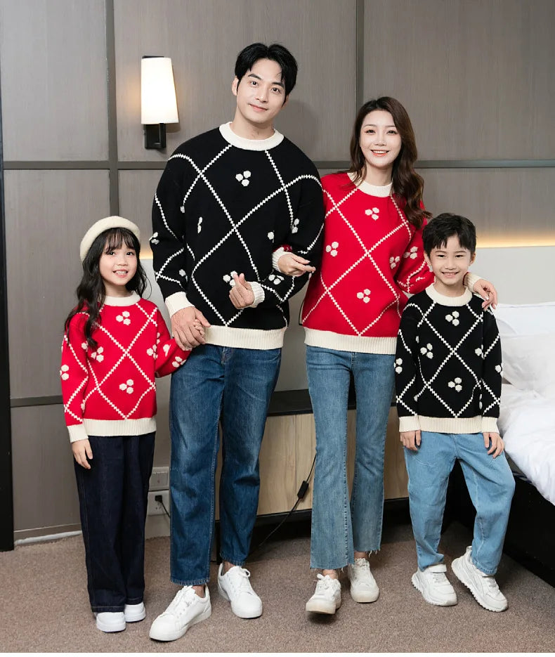 Christmas Sweater for The Whole Family Happy New Year Knit Tops Mum and Daughter Matching Red Jumper Dad and Son Black Knitwear