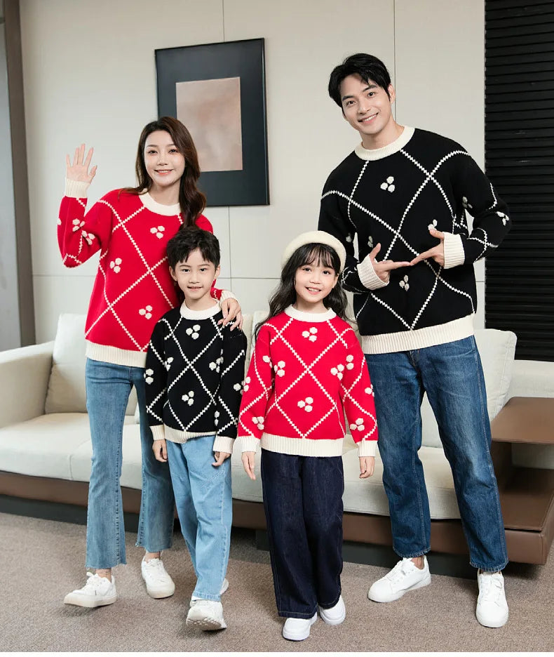 Christmas Sweater for The Whole Family Happy New Year Knit Tops Mum and Daughter Matching Red Jumper Dad and Son Black Knitwear