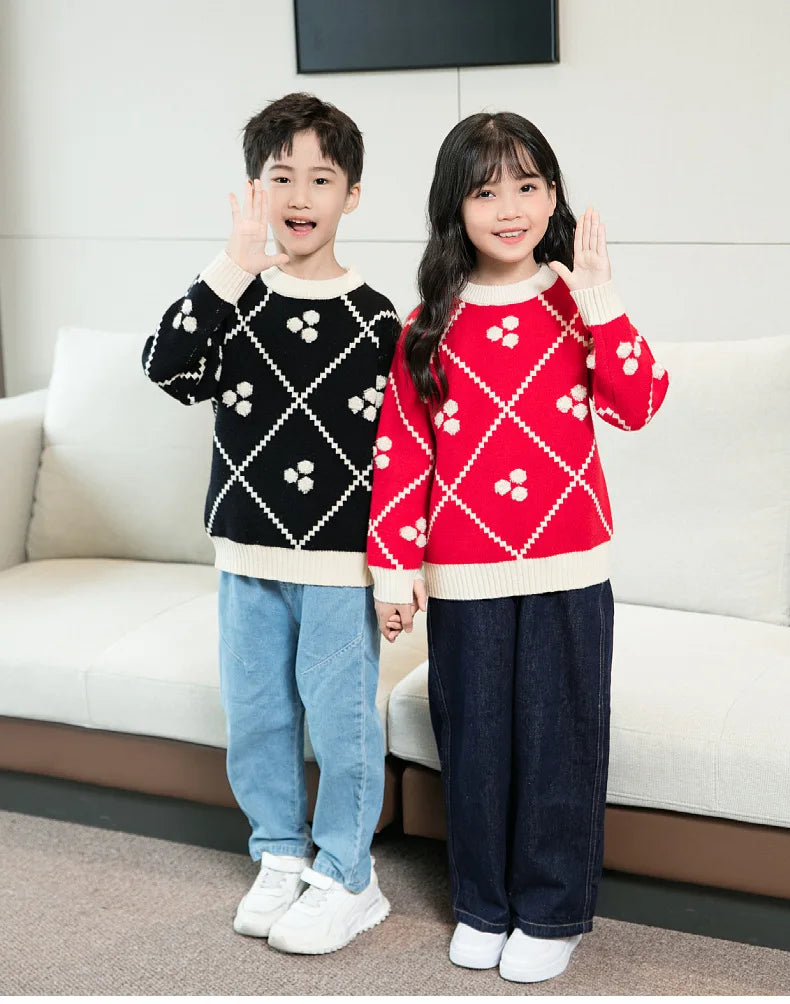 Christmas Sweater for The Whole Family Happy New Year Knit Tops Mum and Daughter Matching Red Jumper Dad and Son Black Knitwear
