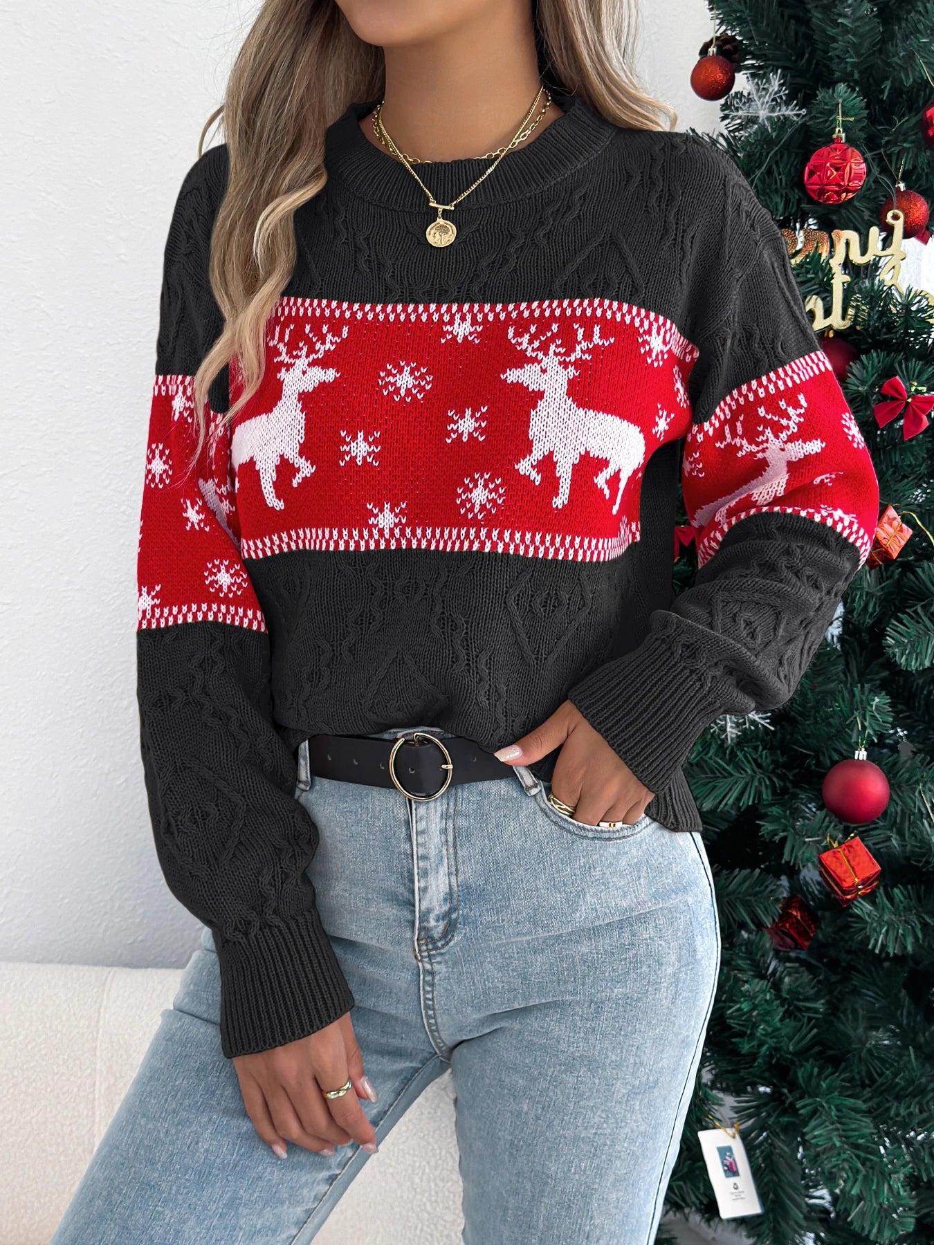 Christmas Woman Sweaters Autumn Winter 2025 Casual Round Neck Contrast Color Snowflake Deer Pattern Long Sleeve Pullover