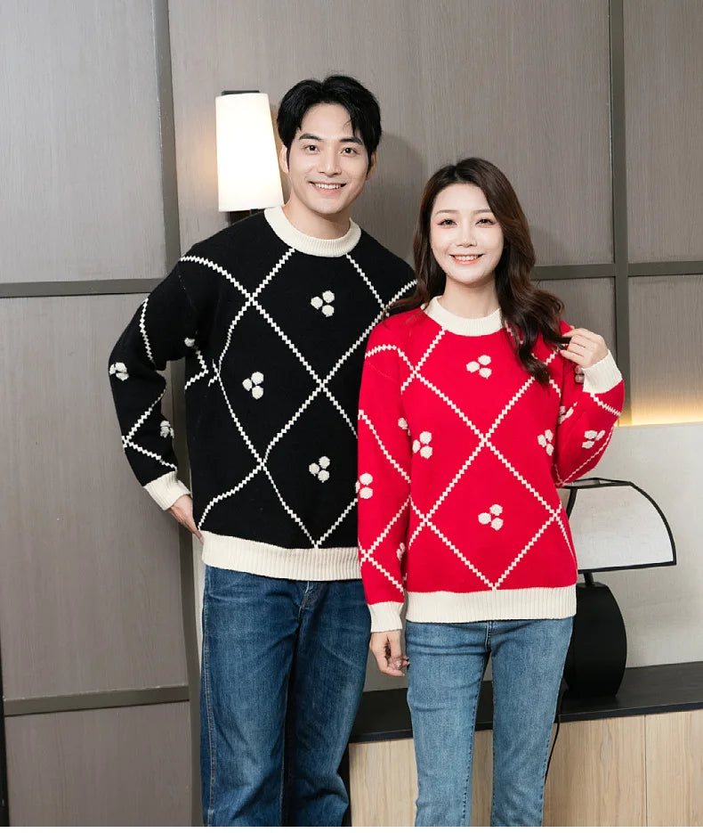 Christmas Sweater for The Whole Family Happy New Year Knit Tops Mum and Daughter Matching Red Jumper Dad and Son Black Knitwear