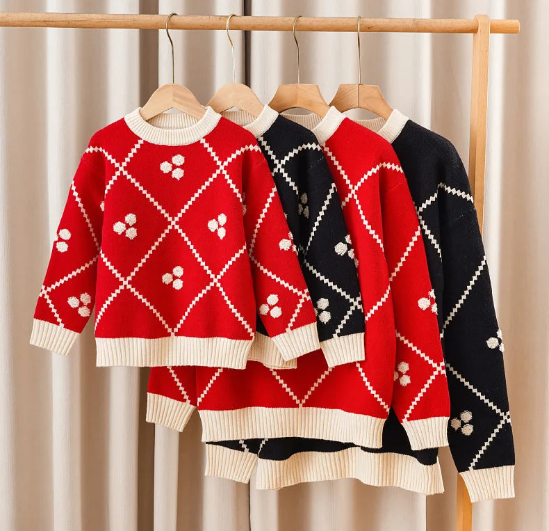 Christmas Sweater for The Whole Family Happy New Year Knit Tops Mum and Daughter Matching Red Jumper Dad and Son Black Knitwear