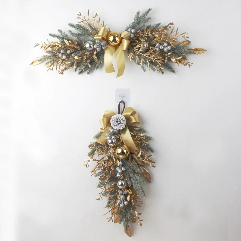 Christmas Decoration 2026 Christmas Wreath For Front Door Artificial Golden Flower Garland Pinecone Rattan Set Hanging Outdoor