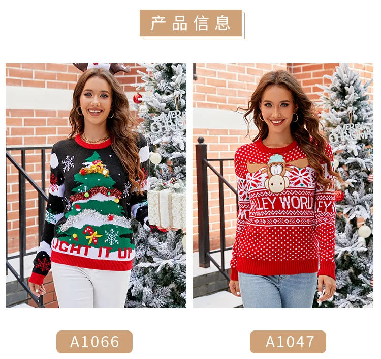 Christmas Sweater Women Men, Xmas Tree Embroidery Knit Sweater, Casual Holiday Party Pullover, Funny Xmas Gift