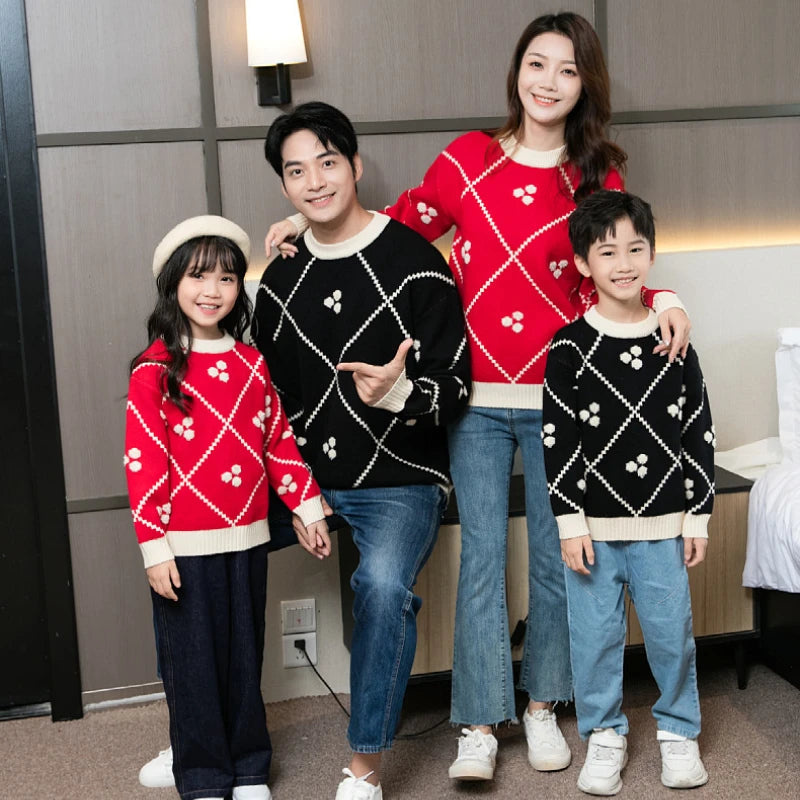Christmas Sweater for The Whole Family Happy New Year Knit Tops Mum and Daughter Matching Red Jumper Dad and Son Black Knitwear