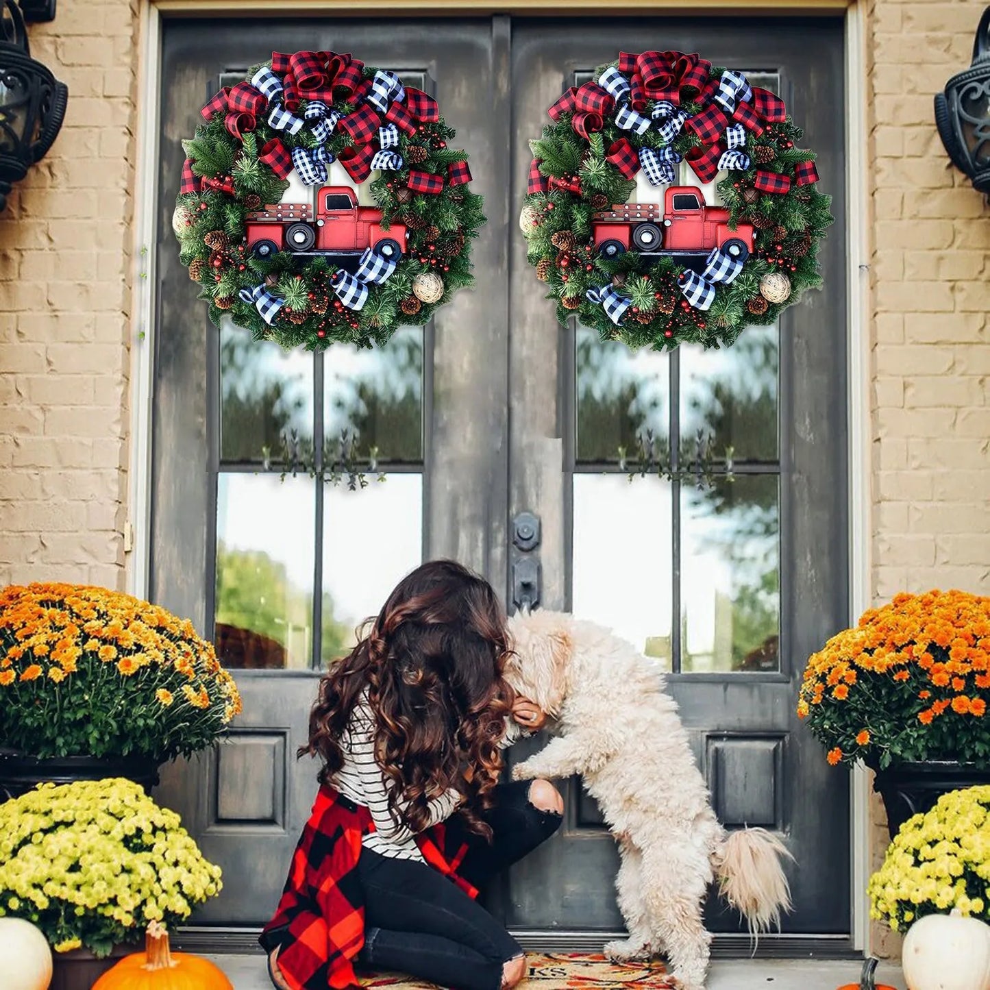 Christmas Wreath Door Decoration with Snowflake Merry Christmas Flower Simulation Door Hanging Decoration Home Party Supply