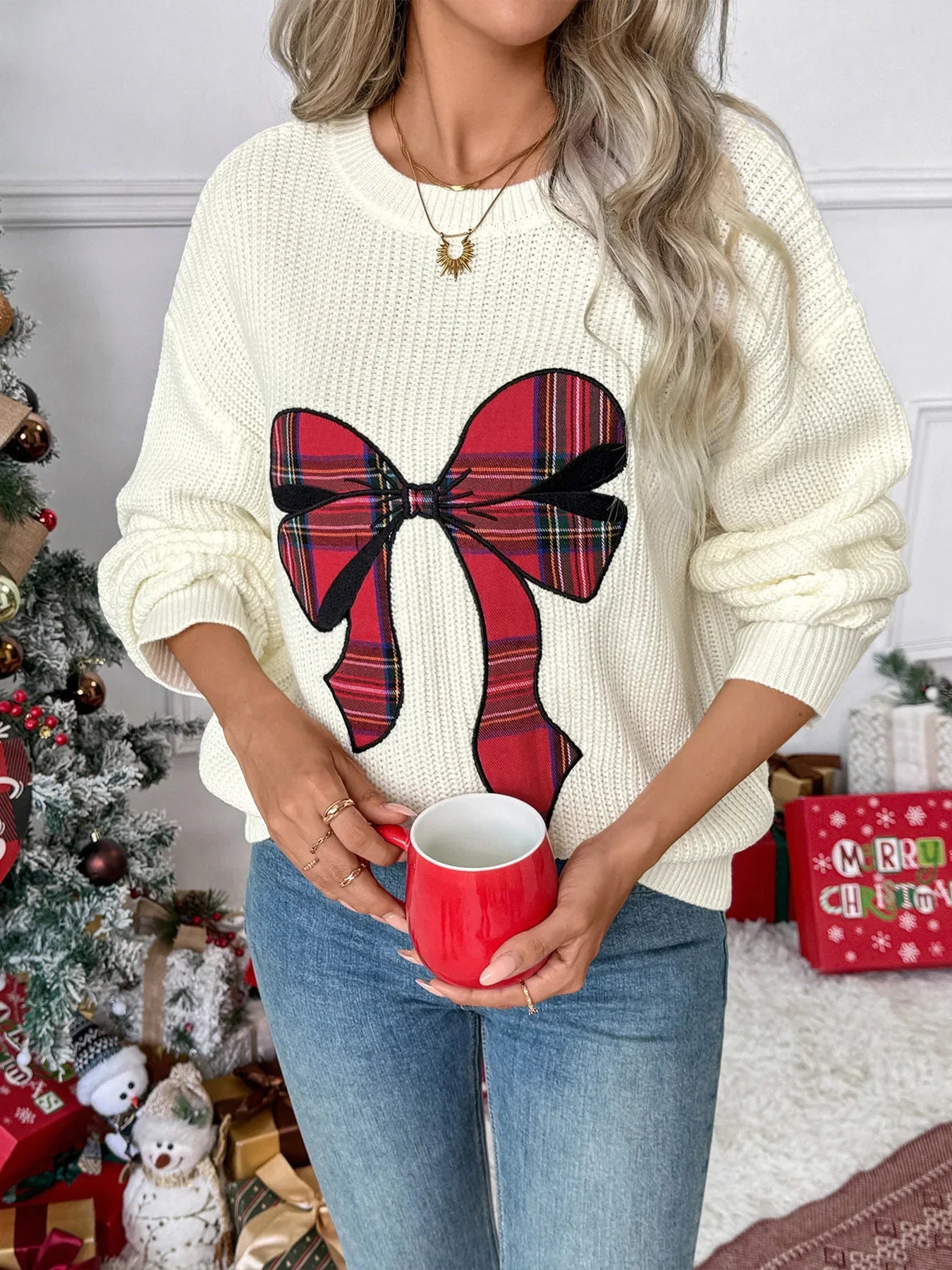 Christmas Sweaters For Women Casual O Neck Long Sleeve Know Printed Jumper Women Autumn Winter Know Pullover White Red