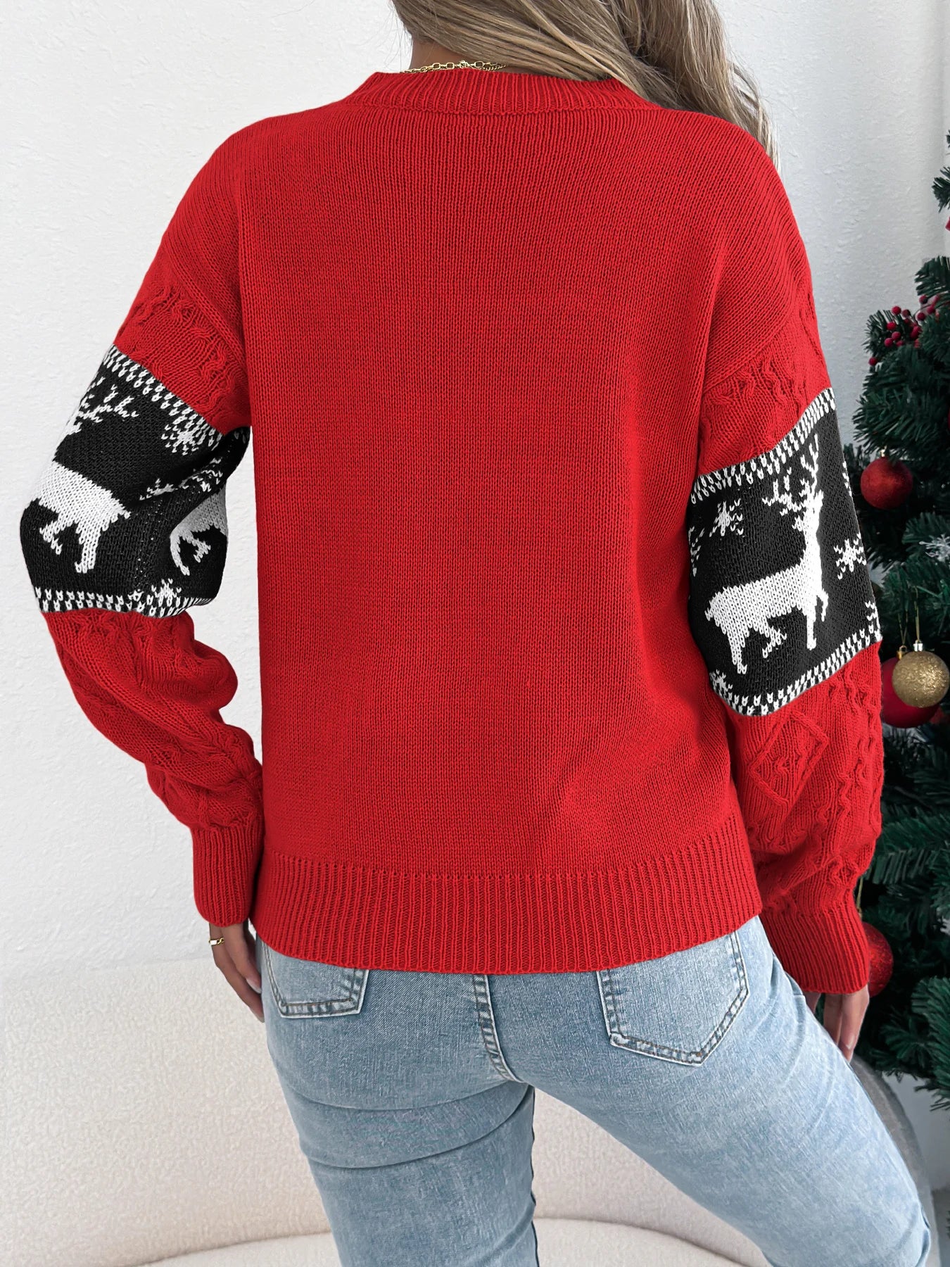 Christmas Woman Sweaters Autumn Winter 2025 Casual Round Neck Contrast Color Snowflake Deer Pattern Long Sleeve Pullover