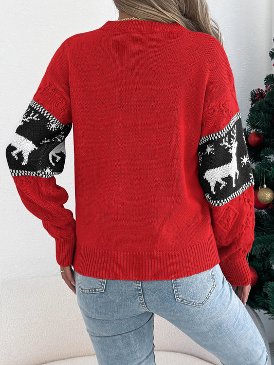 Christmas Woman Sweaters Autumn Winter 2025 Casual Round Neck Contrast Color Snowflake Deer Pattern Long Sleeve Pullover