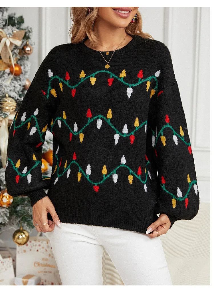 Christmas Sweater Fashion Women's Clothing Explosion Lights Sweet Pullover Loose Christmas Knitted Sweater Sweater Women