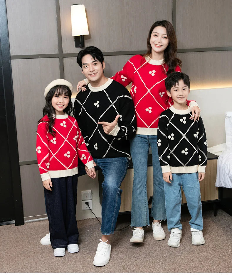 Christmas Sweater for The Whole Family Happy New Year Knit Tops Mum and Daughter Matching Red Jumper Dad and Son Black Knitwear