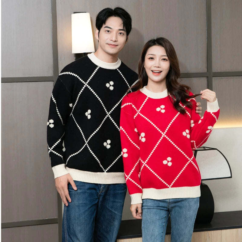 Christmas Sweater for The Whole Family Happy New Year Knit Tops Mum and Daughter Matching Red Jumper Dad and Son Black Knitwear