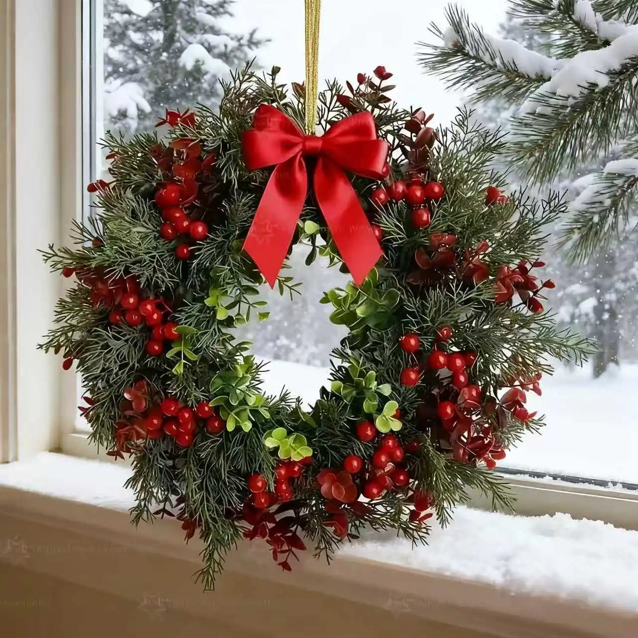 2025 Christmas Wreath - Realistic Red & Green Leaves, Festive Vibe. Premium Plastic, Waterproof Durable, Indoor & Outdoor Use.