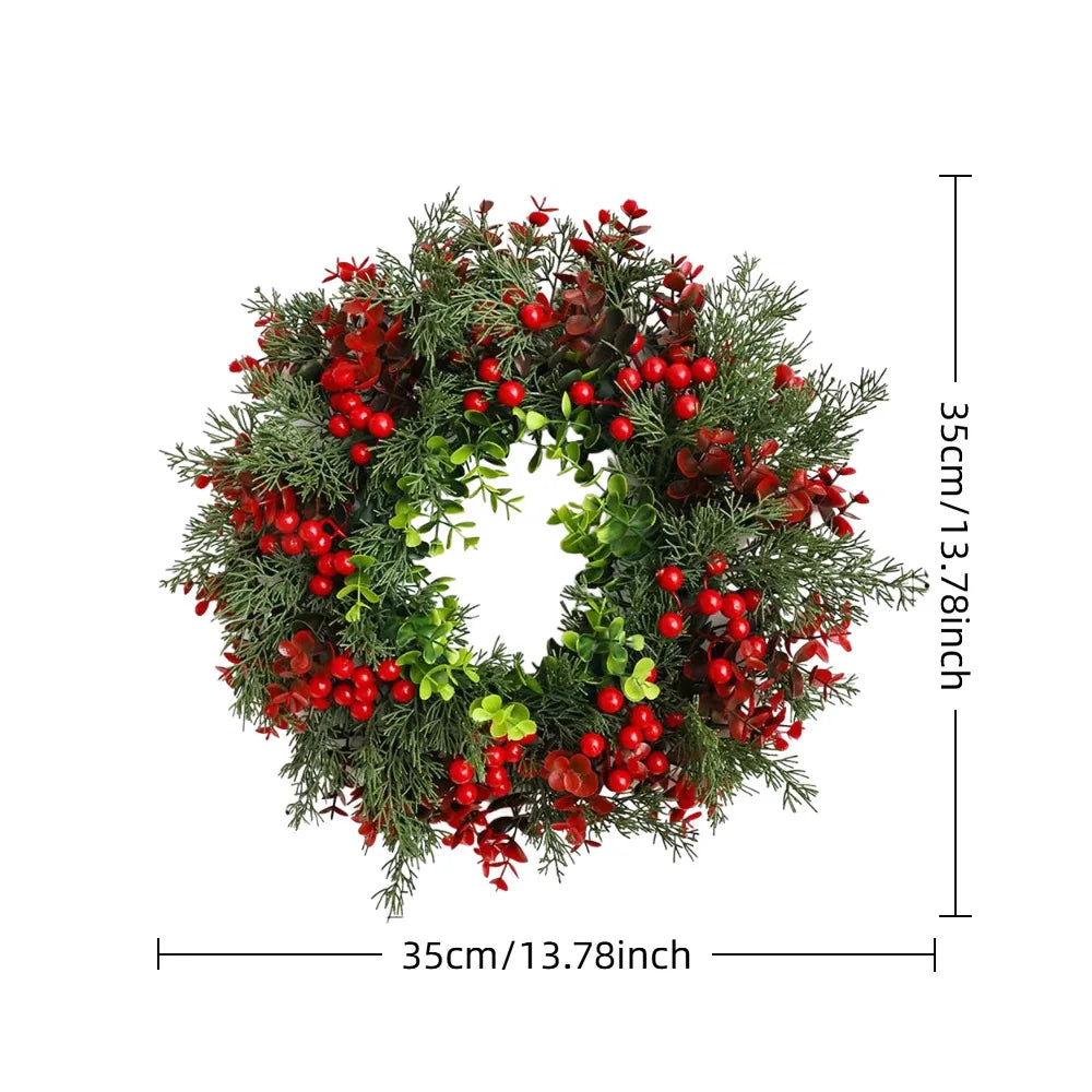 2025 Christmas Wreath - Realistic Red & Green Leaves, Festive Vibe. Premium Plastic, Waterproof Durable, Indoor & Outdoor Use.