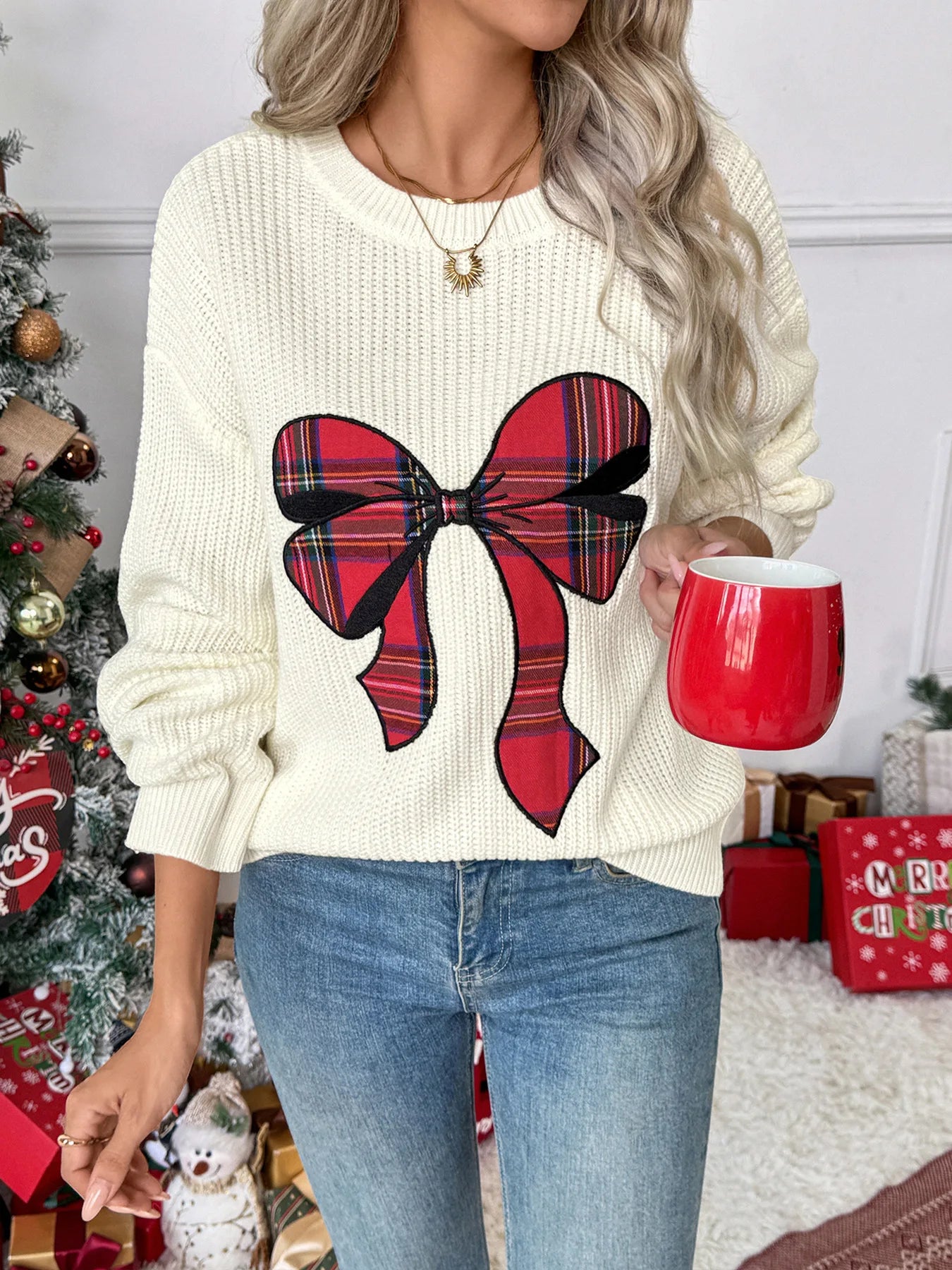 Christmas Sweaters For Women Casual O Neck Long Sleeve Know Printed Jumper Women Autumn Winter Know Pullover White Red