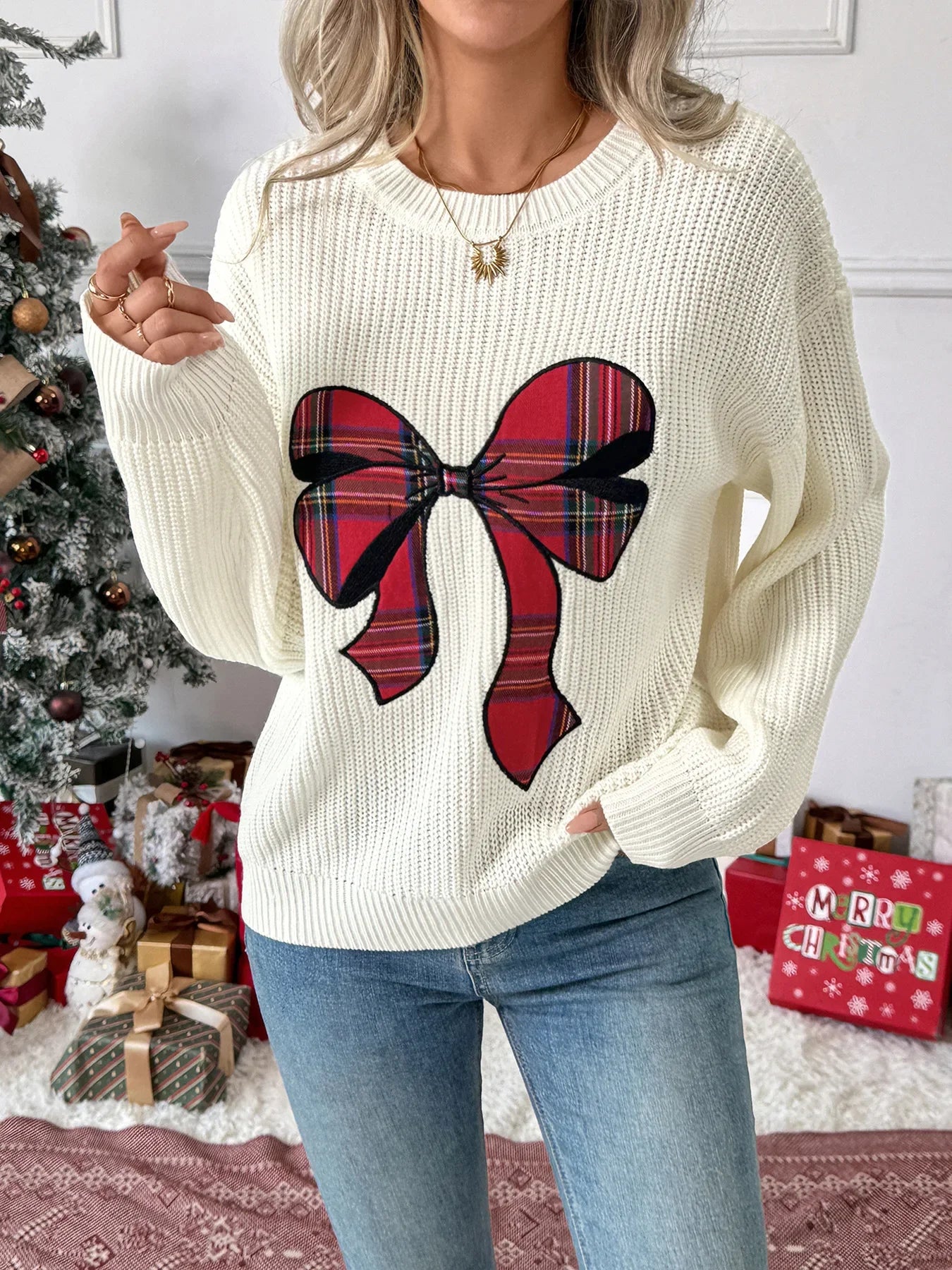 Christmas Sweaters For Women Casual O Neck Long Sleeve Know Printed Jumper Women Autumn Winter Know Pullover White Red