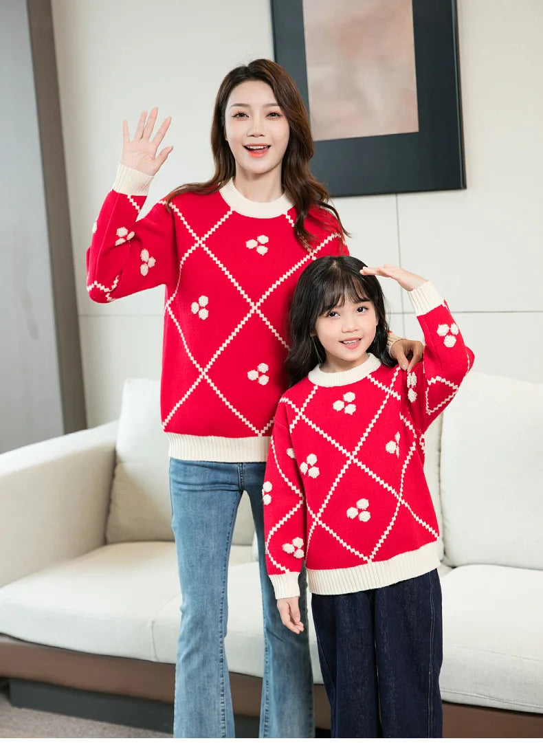 Christmas Sweater for The Whole Family Happy New Year Knit Tops Mum and Daughter Matching Red Jumper Dad and Son Black Knitwear