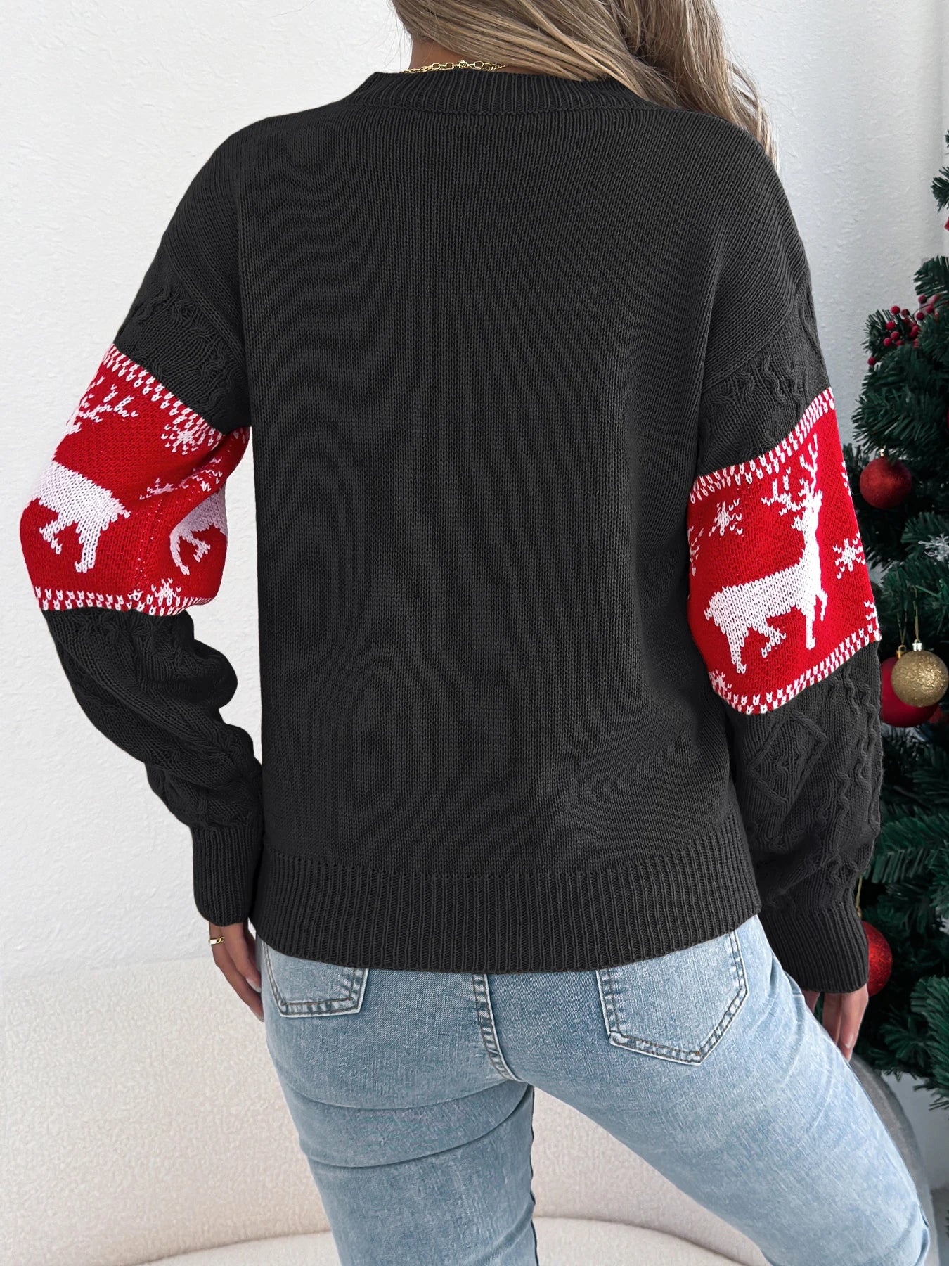 Christmas Woman Sweaters Autumn Winter 2025 Casual Round Neck Contrast Color Snowflake Deer Pattern Long Sleeve Pullover