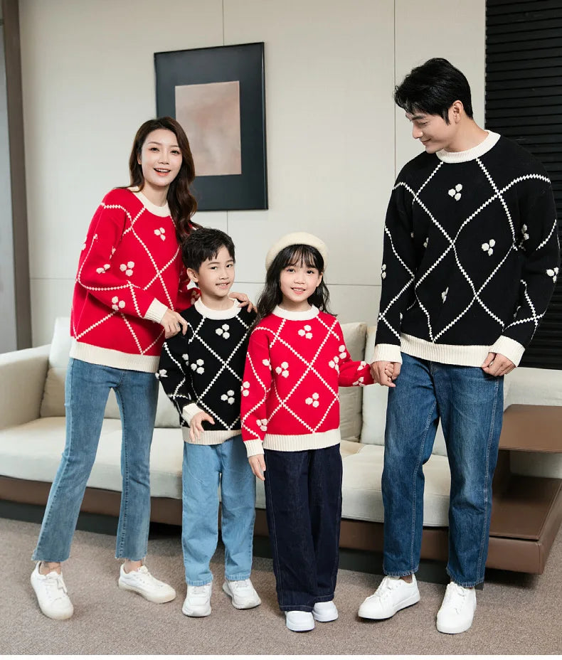 Christmas Sweater for The Whole Family Happy New Year Knit Tops Mum and Daughter Matching Red Jumper Dad and Son Black Knitwear