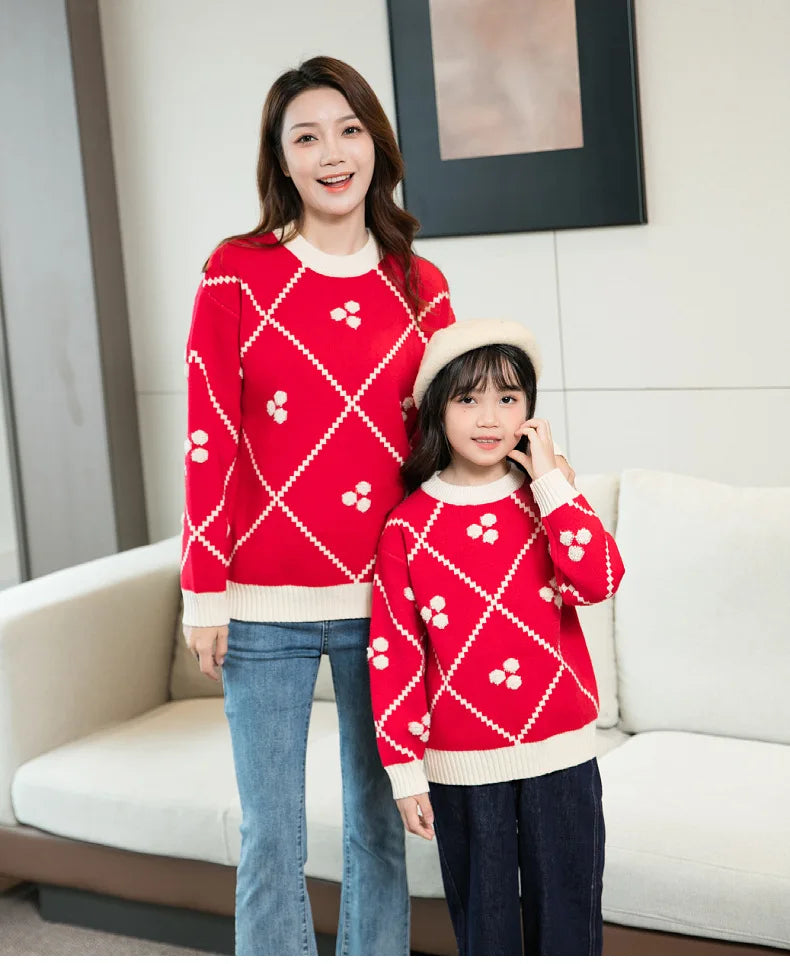 Christmas Sweater for The Whole Family Happy New Year Knit Tops Mum and Daughter Matching Red Jumper Dad and Son Black Knitwear
