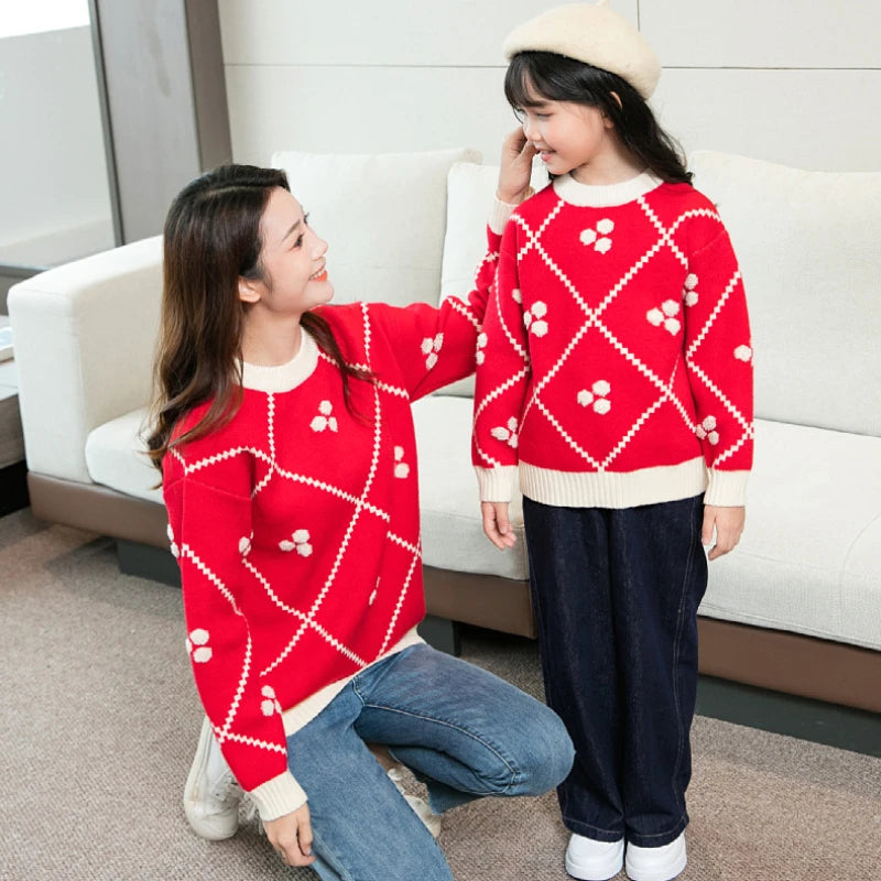 Christmas Sweater for The Whole Family Happy New Year Knit Tops Mum and Daughter Matching Red Jumper Dad and Son Black Knitwear